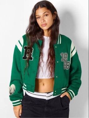 NWOT Bershka Green Cropped Varsity Jacket XS